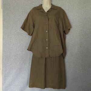 Nordstrom Olive Top (10) Skirt (12) Set Linen Lagenlook Artsy Blouse Sz L Career